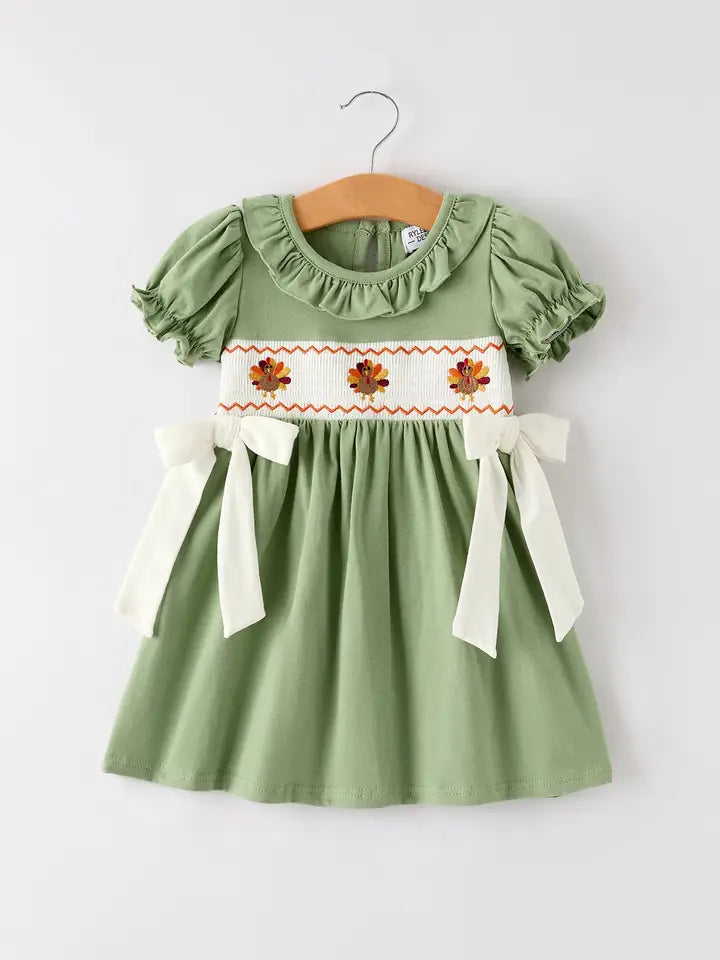 Fall Thanksgiving Chicken Smock Embroidered Green Baby Girl Dress