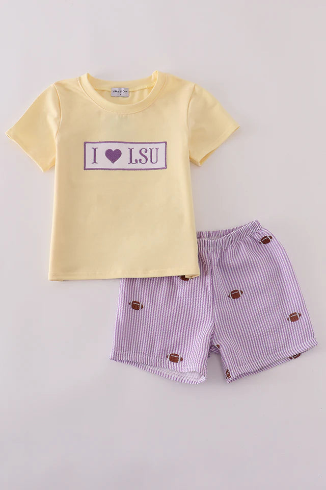 Purple Stripe Seersucker Football I Love LSU Set