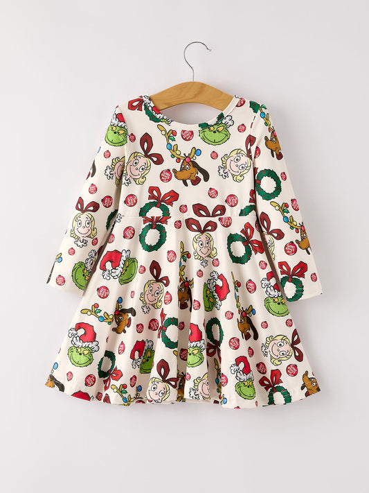 Winter Christmas Character Colorful Print Girls Dress