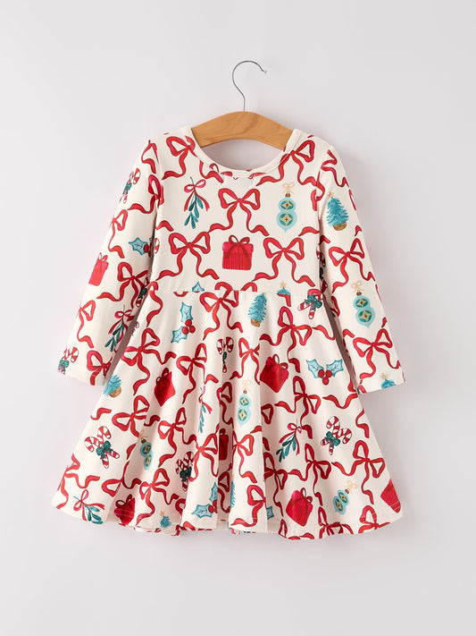 Christmas Candy Cane Gift Print Girls Dress