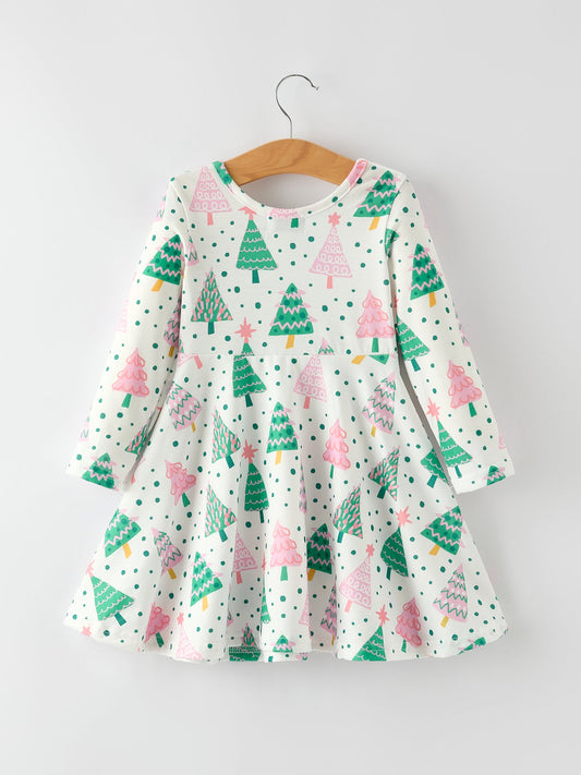 Cute Holiday Dress with Christmas Tree and Snow Prints