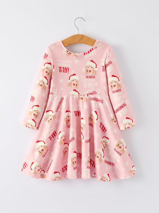 Christmas Ts Twirly Print Girls Milk Silk Dress