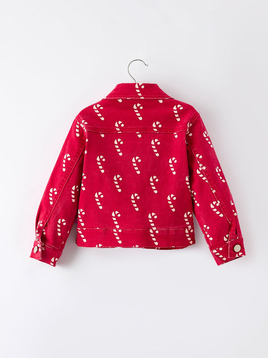 Girls Red Christmas Themed Denim Jacket