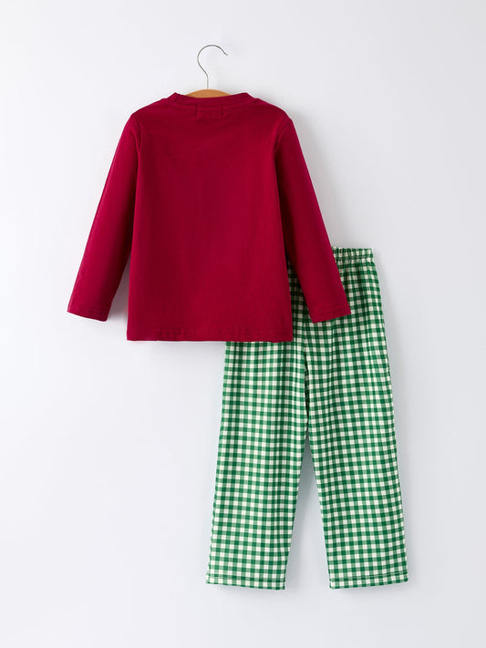 Christmas Tree Dog Smocking Embroidered Plaid Boys Set