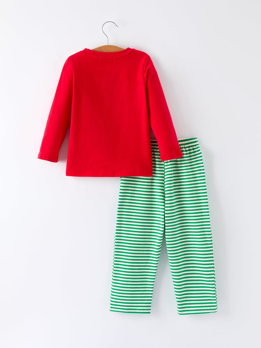 Christmas Tree Smocked Embroidery Green Stripe Boy Set