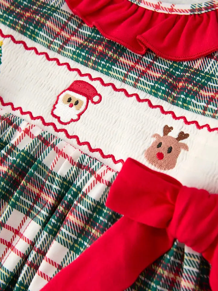 Christmas Plaid Smocking Embroidered Girls Bloomers Romper Set