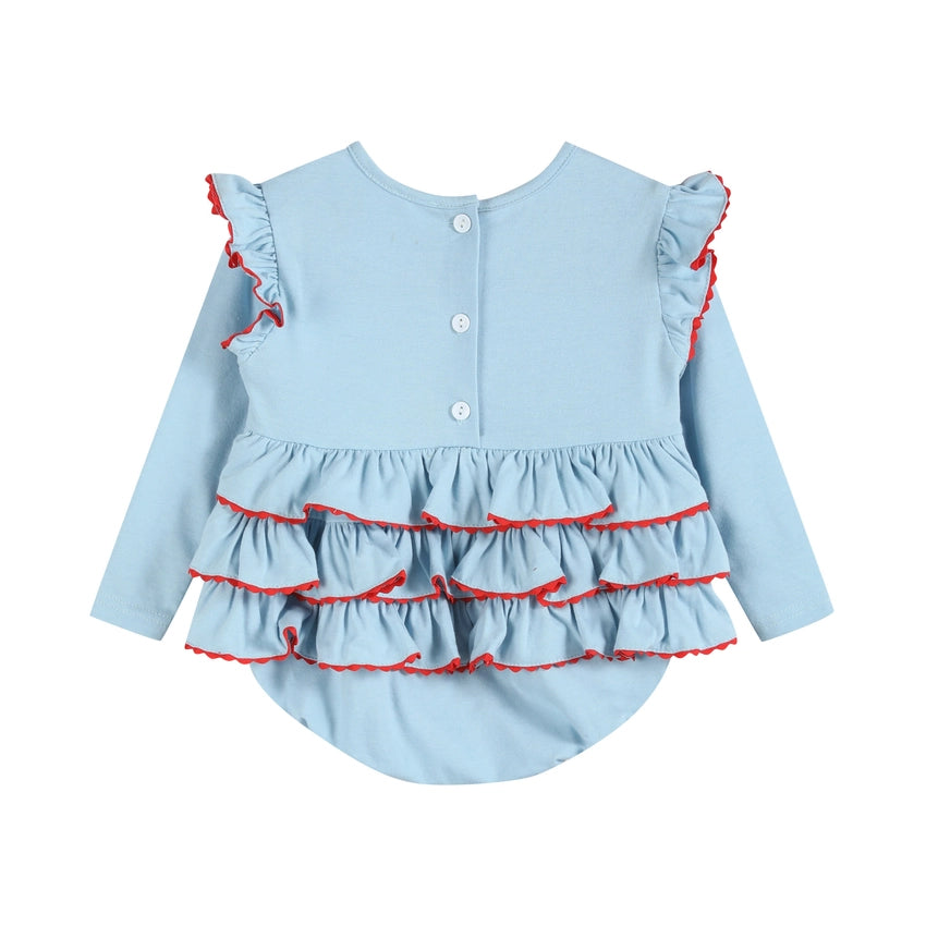 Light Blue Christmas Tree Smocked Knit Ruffle Romper
