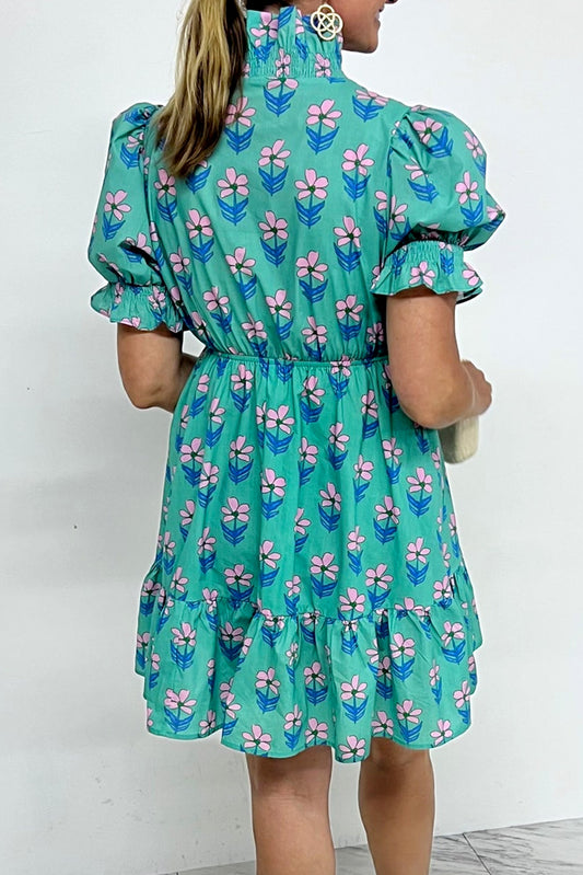 Green Floral Print Frilly Smocked Detail High Waist Mini Dress
