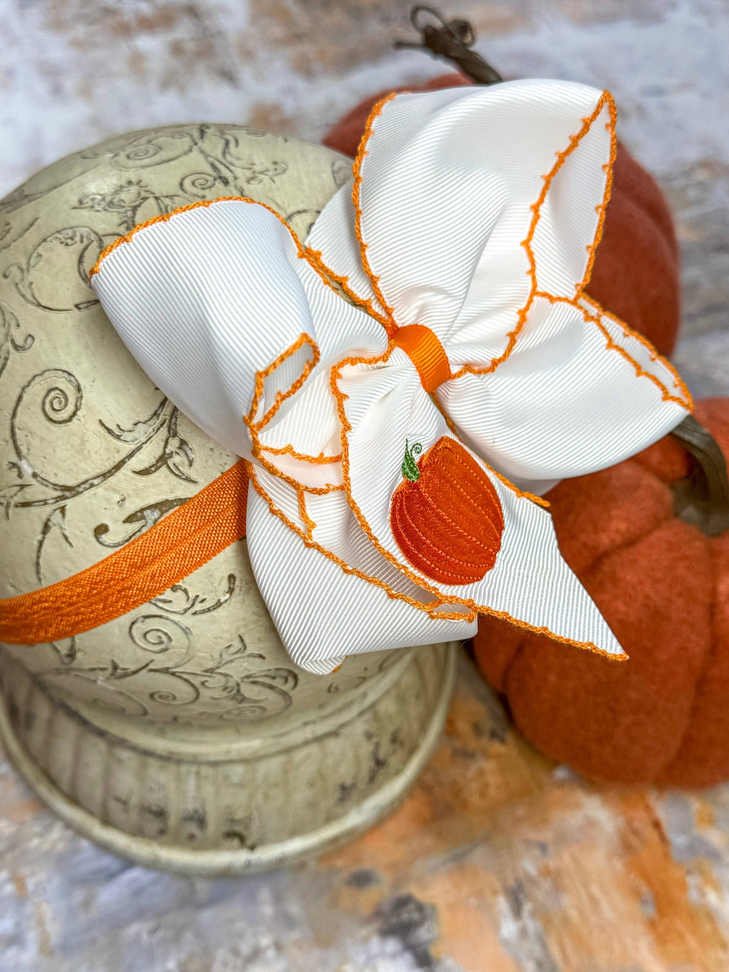 Pumpkin Embroidered Moonstitch Bow Headband: Fall 2025