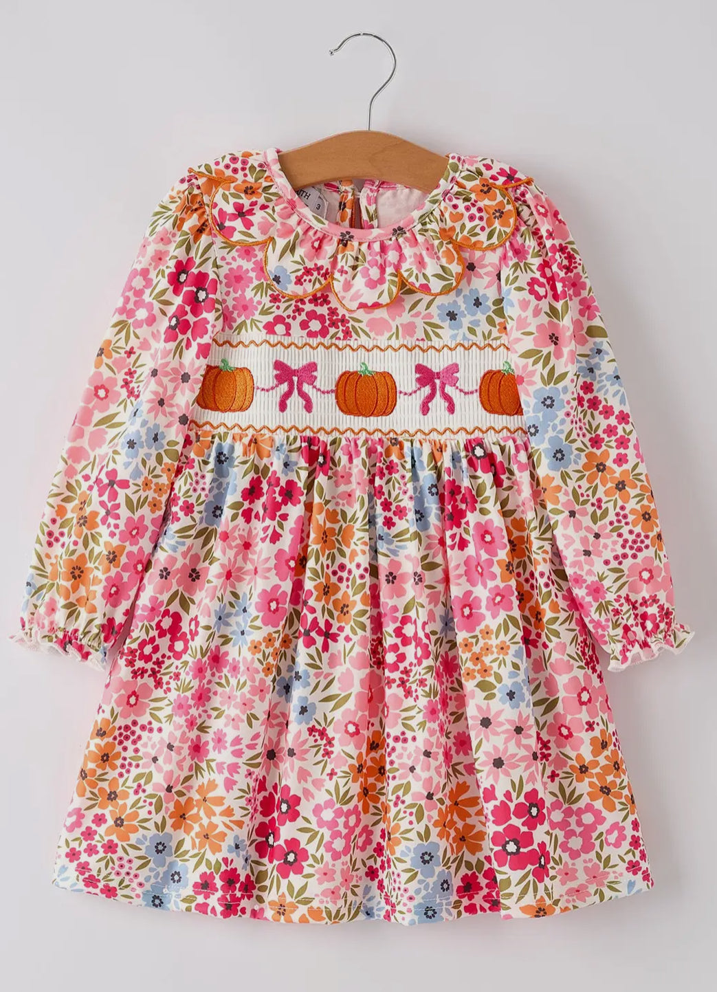 Halloween Pumpkin Bow Smock Embroidered Floral Dress
