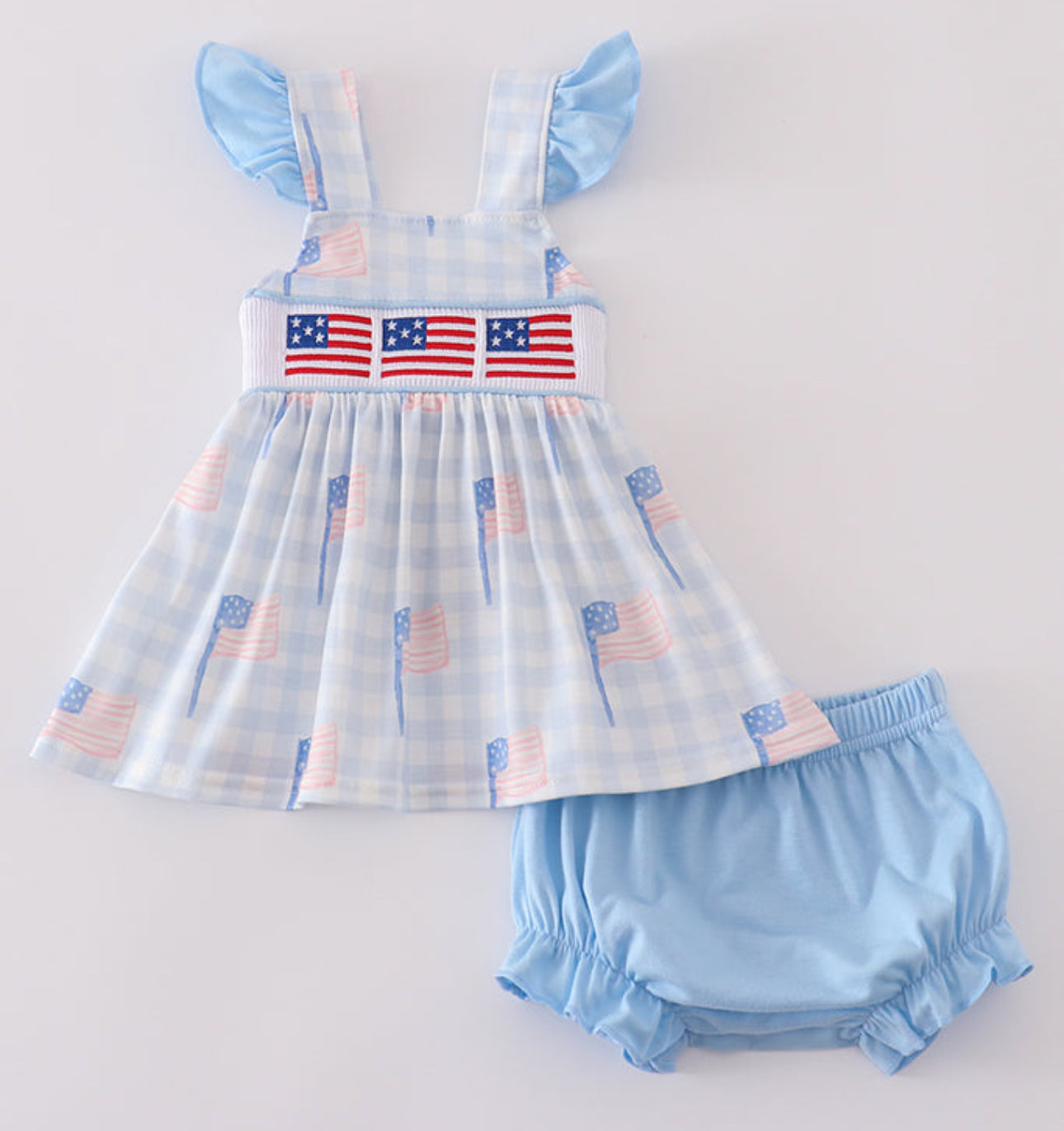 Blue flag embroidery smocked gingham bloomer set