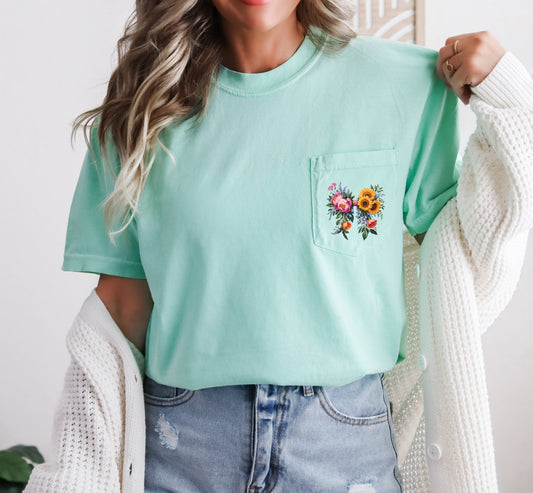 Wildflowers Bouquet Flowers Botanical Comfort Colors Pocket T Shirt | Camping, Hiking, Plant
