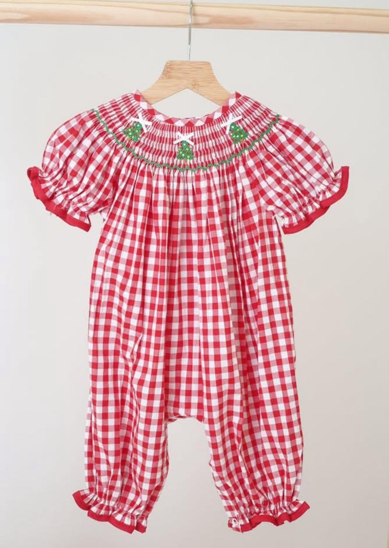 Red Christmas Tree Hand Smocked Gingham Romper