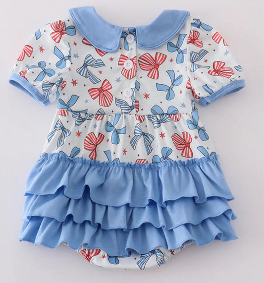 Bow trellis print embroidery ruffle bubble