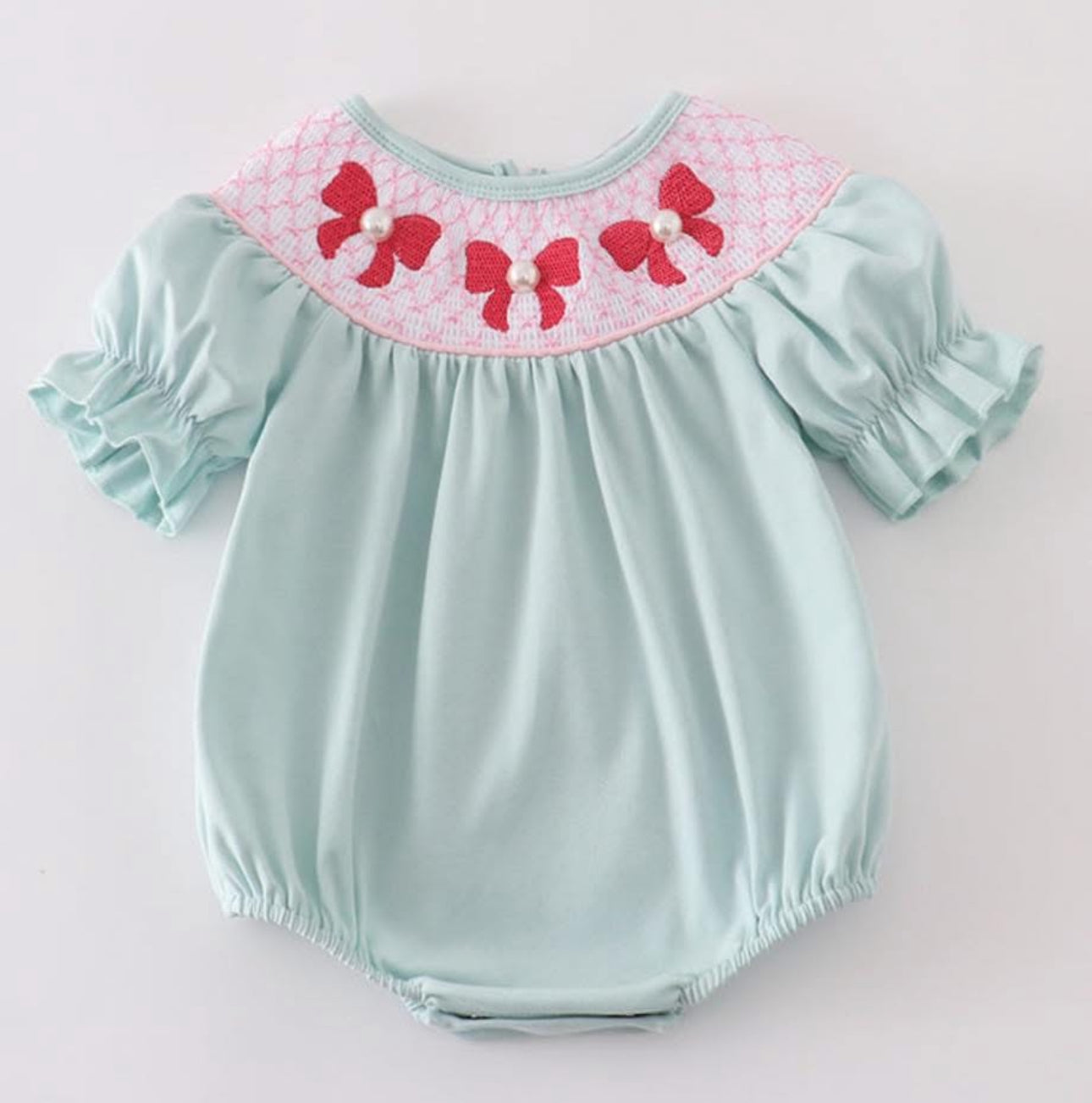 Blue bow pearl smocked bubble