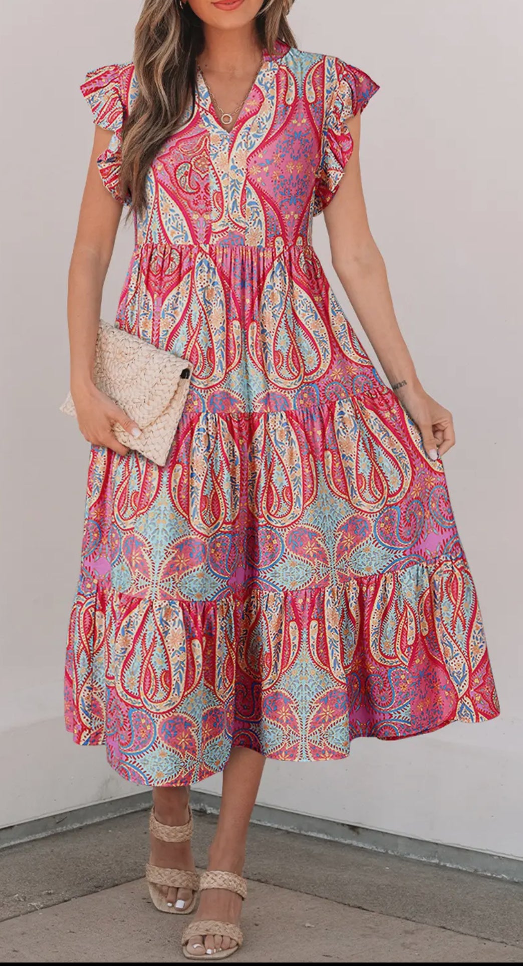 Tribal Paisley Print Ruffled Sleeve
Notch Neck Dress