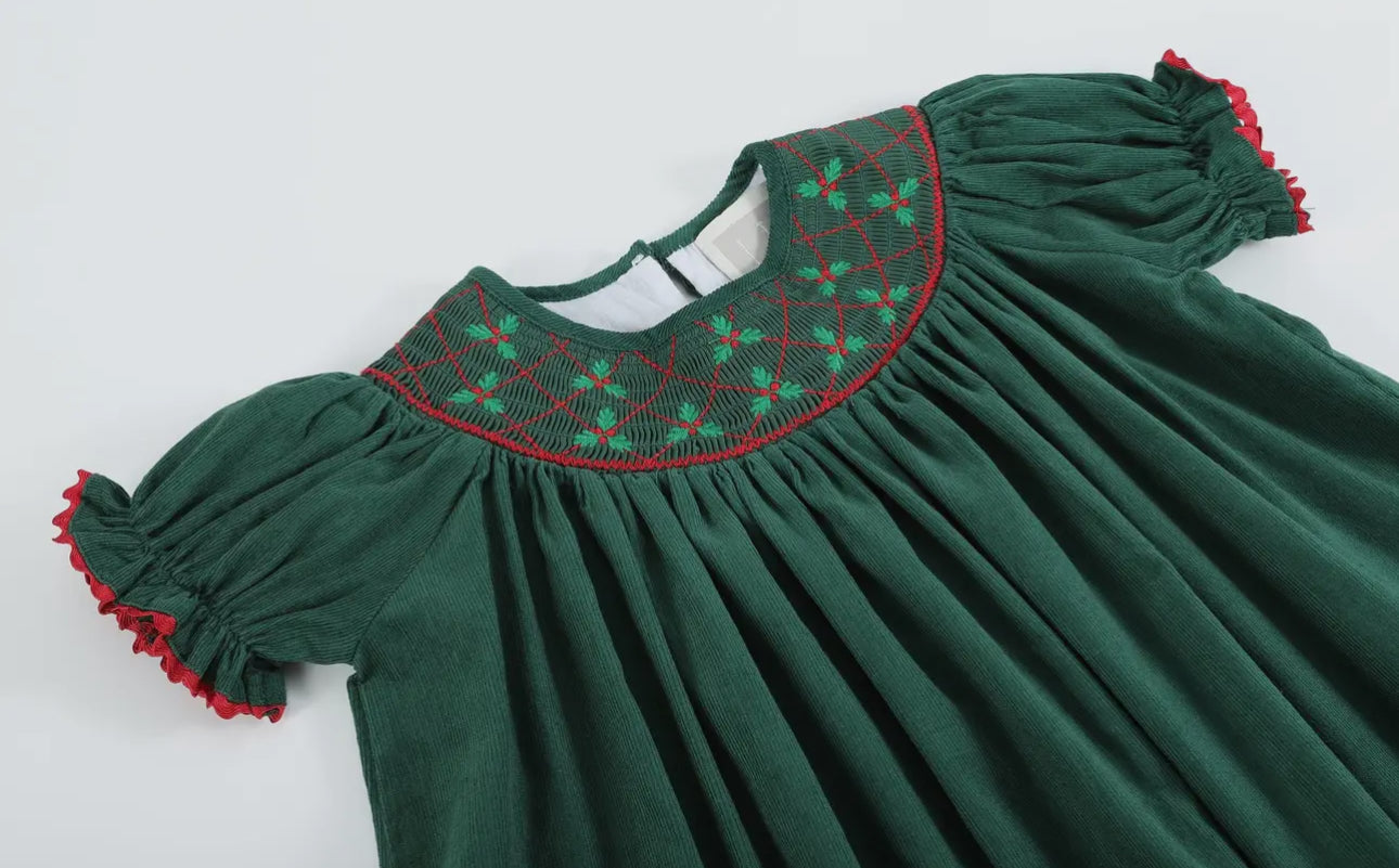Green Christmas Mistletoe Smocked
Bishop Dress