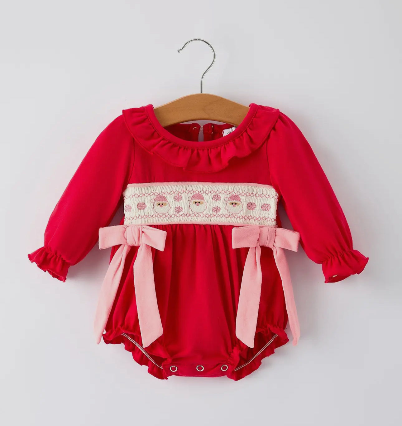 Christmas Smocked Embroidery Baby
Girls Romper with Pink Ribbon Ties