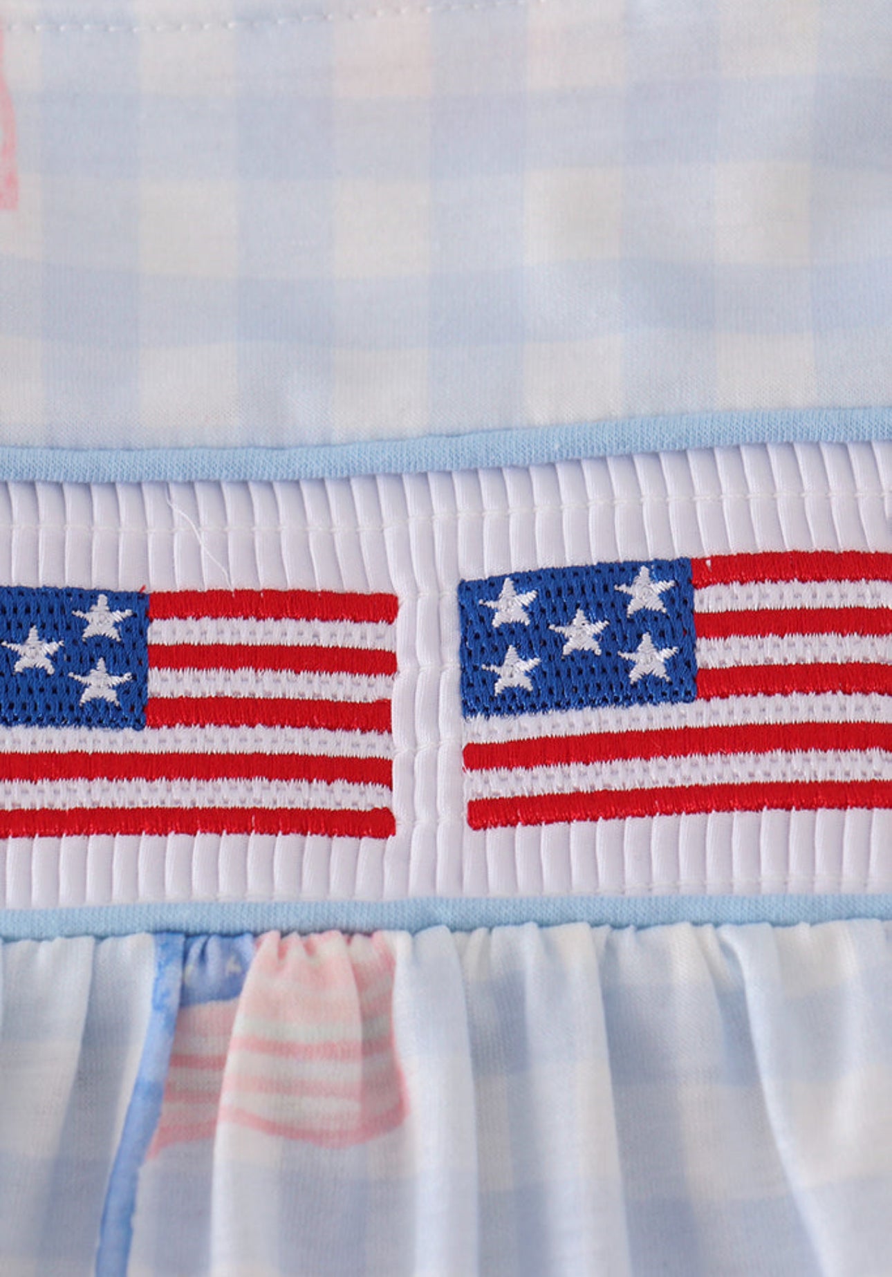 Blue flag embroidery smocked gingham dress