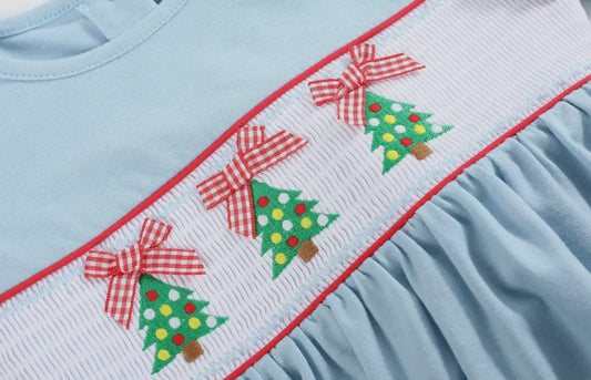 Light Blue Christmas Tree Smocked
Knit Dress
