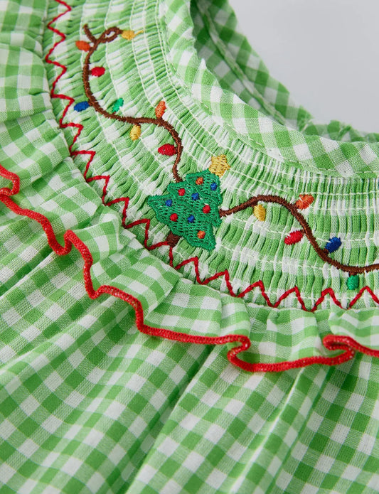 Christmas Tree Smocked Embroidery
Baby Girls Romper with Green Plaid