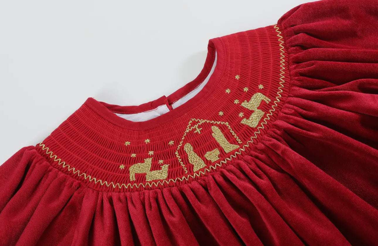 Red Velour Nativity Smocked Dress