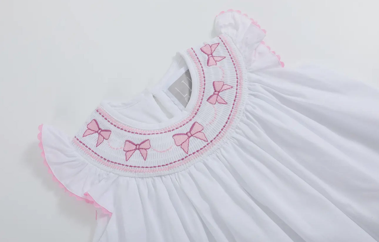 White and Pink Bows Smocked
Bishop Dress