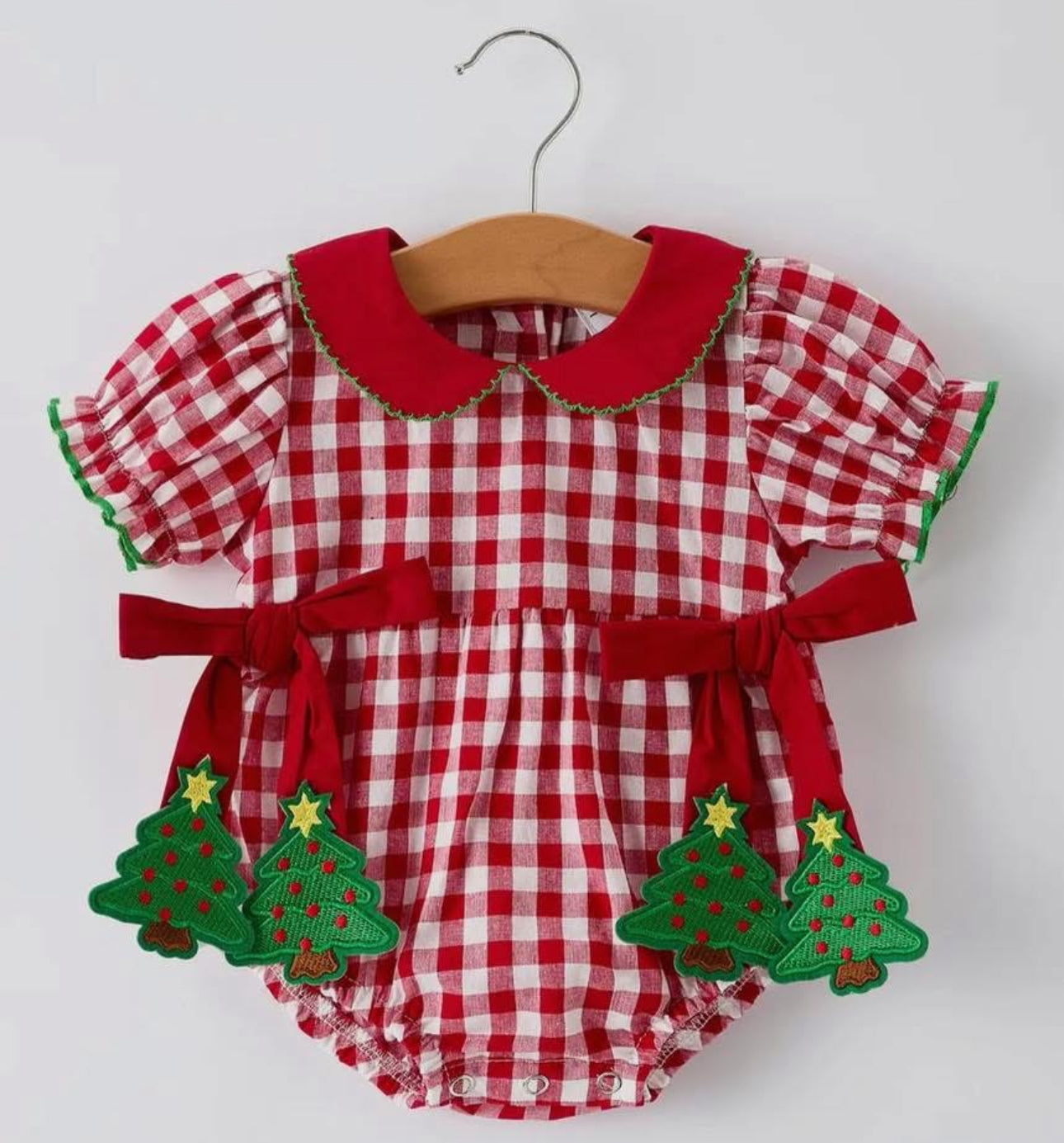 Baby Girls Christmas Outfit - Red Plaid Romper with Tree Bow Accents