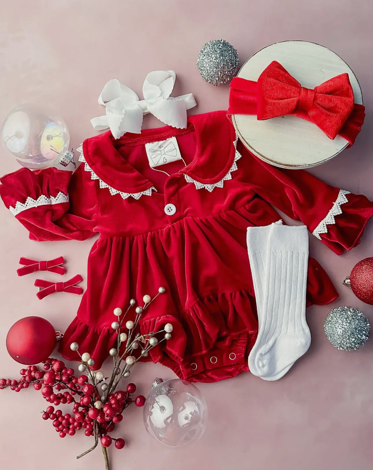 Classic Red Velvet Infant Girl's Christmas Skirted Pajamas