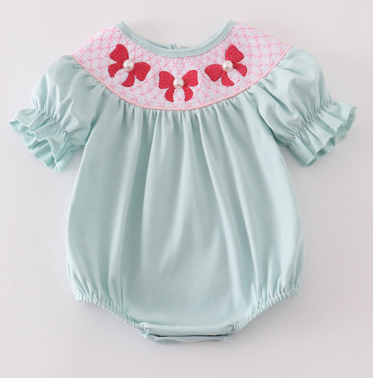 Blue bow pearl smocked bubble