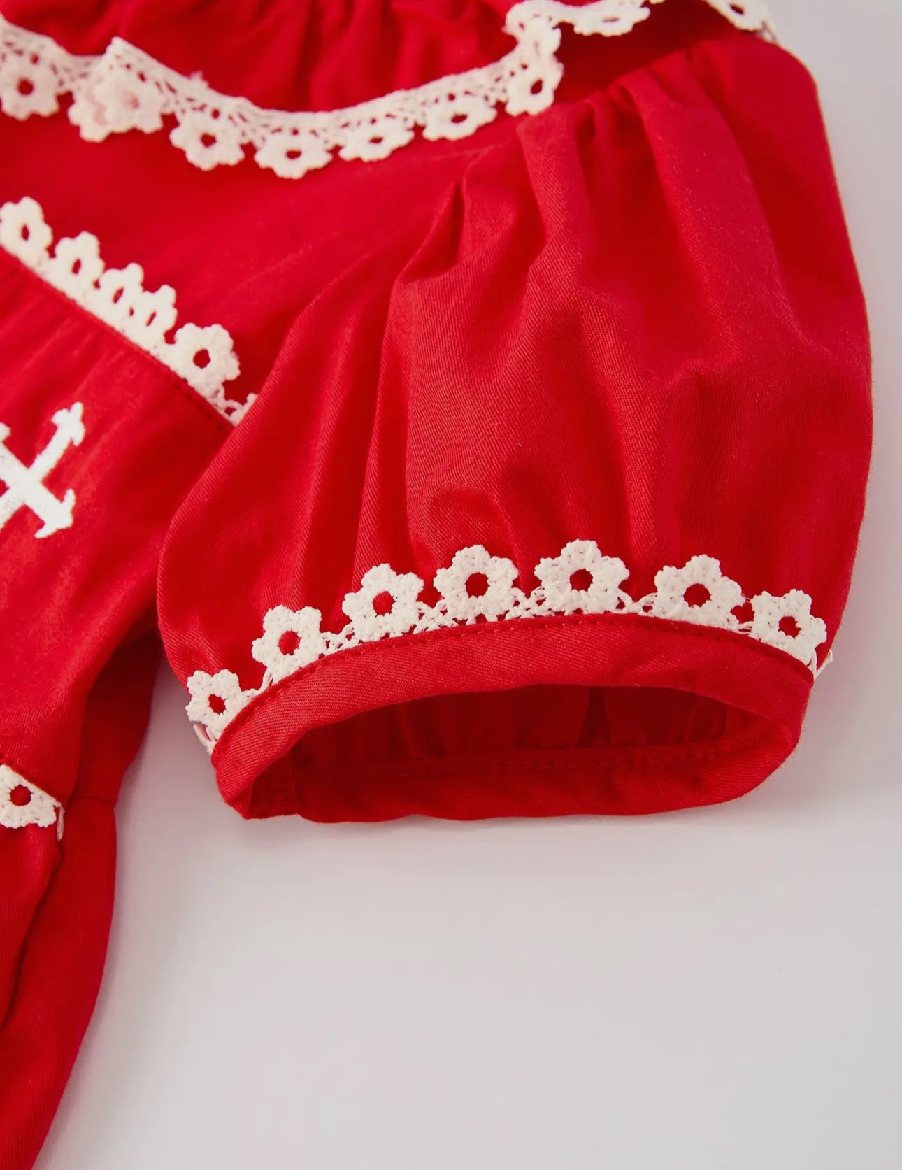 Red Christmas Girls Dress: Cross
Embroidery with Lace Trim