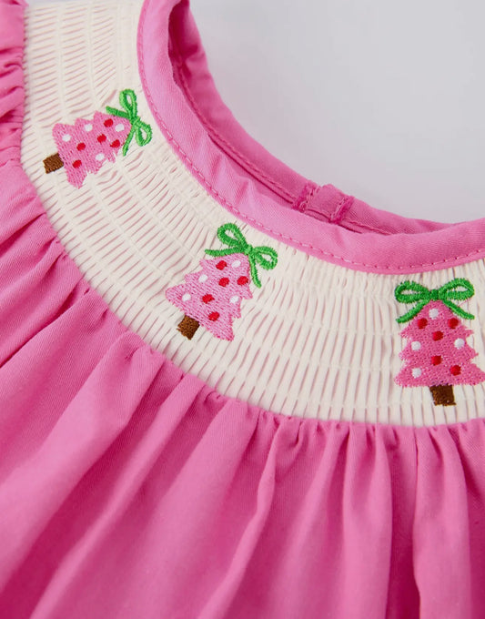 Christmas Pink Christmas Smocked
Embroidery Tree Baby Girls Romper