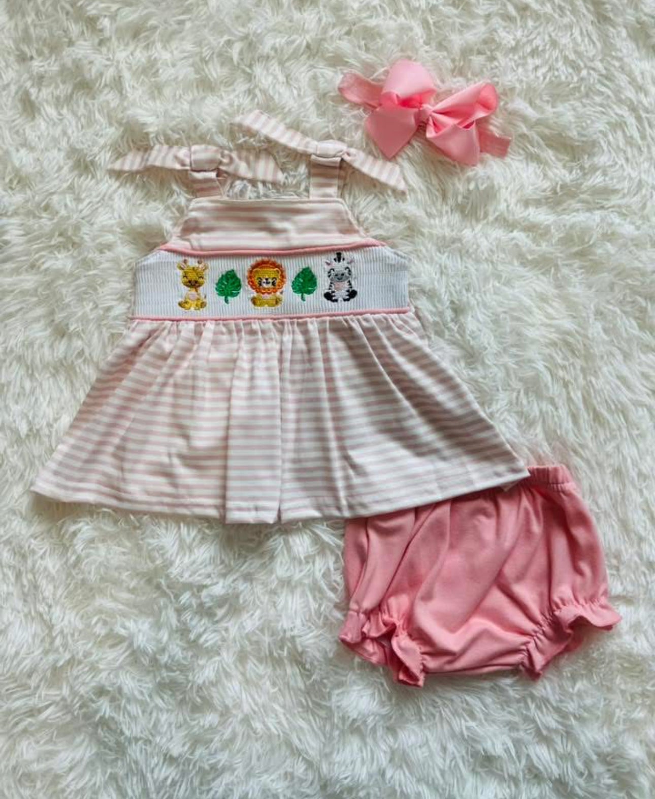 Pink Stripe Animal Smock bloomer set