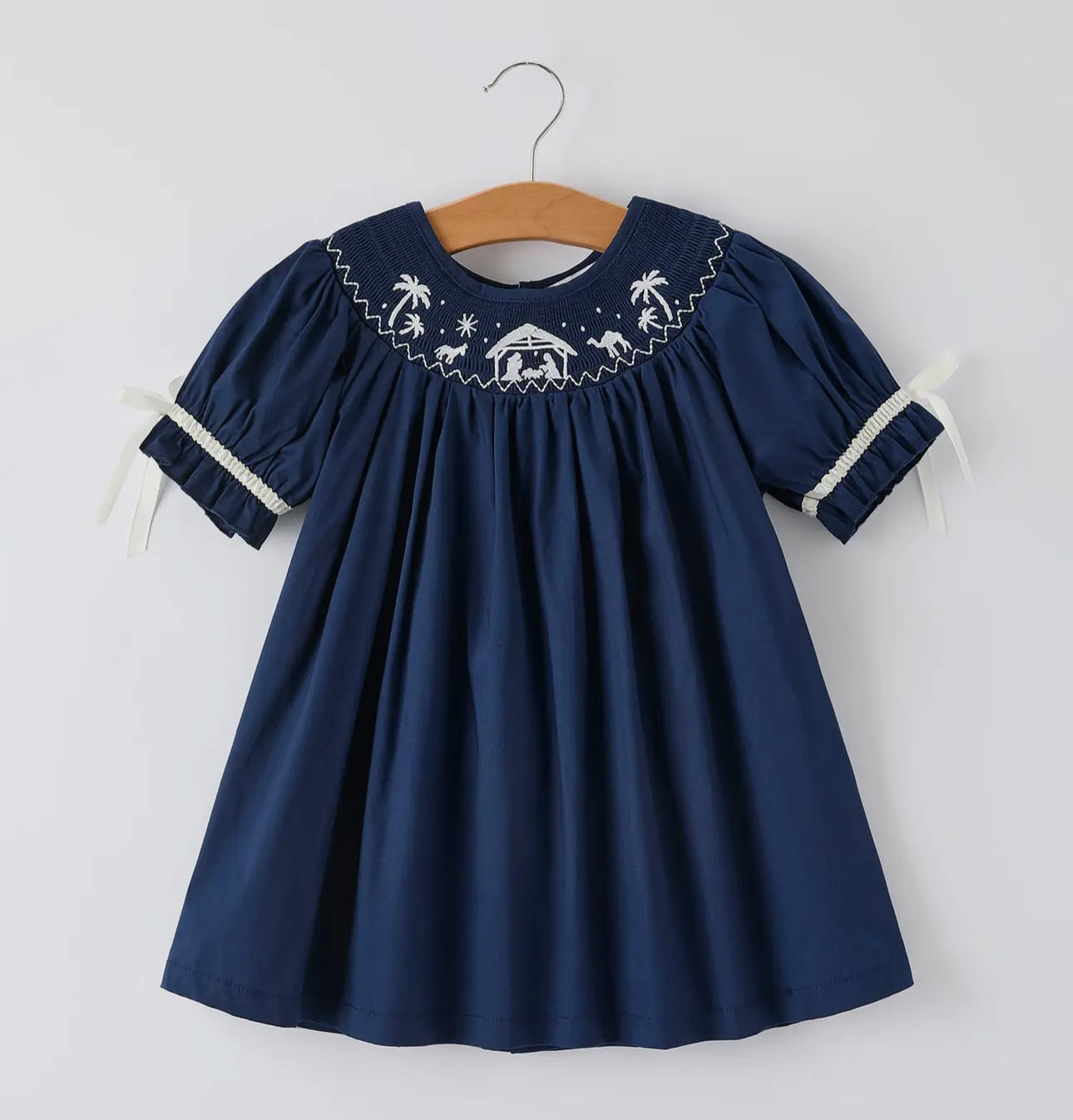 Christmas Navy Blue Nativity Smocking Embroidered Dress
