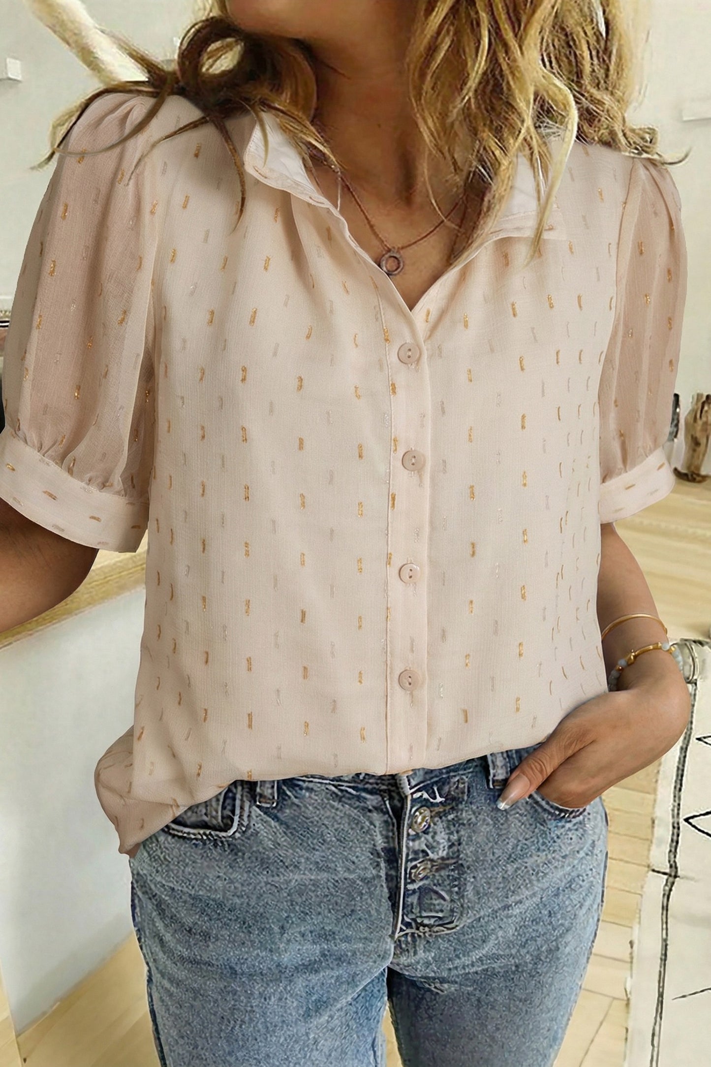 Beige Metallic Jacquard Short Sleeve Shirt