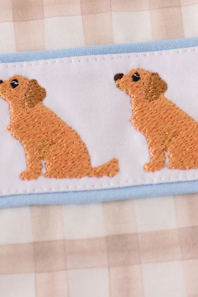 Beige Puppy Embroidery Gingham Bubble