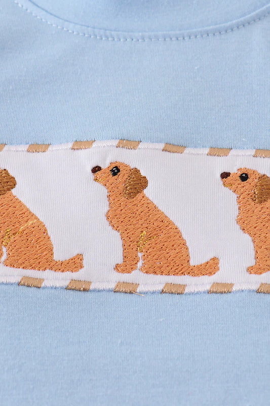 Beige Puppy Embroidery Gingham Shorts Set