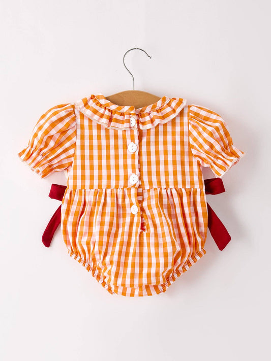 Fall Embroidered Romper for Baby Girls – Orange Checkered with Halloween Details