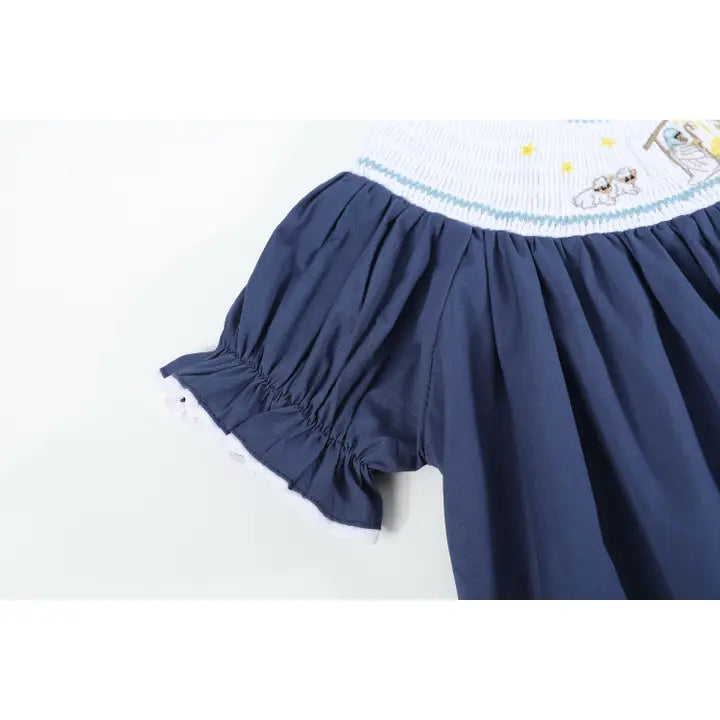 Dark Blue Nativity Smocked Bishop Dress