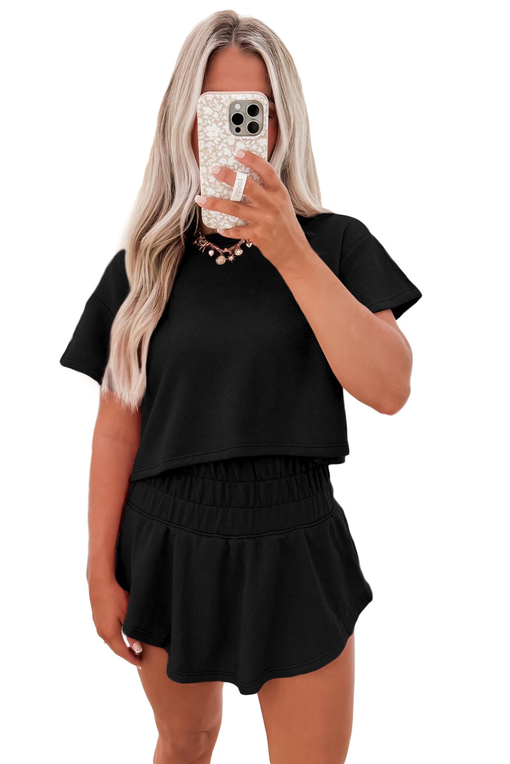 Beige 2pcs Cropped Tee and Ruffle High Waist Skort Set