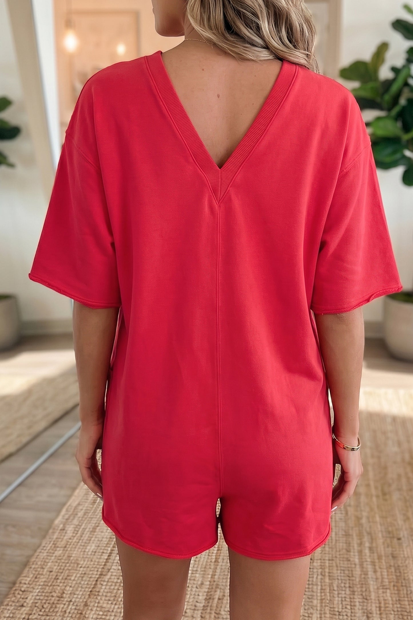 Solid Color Raw Edge Half Sleeve Pocketed Loose Romper