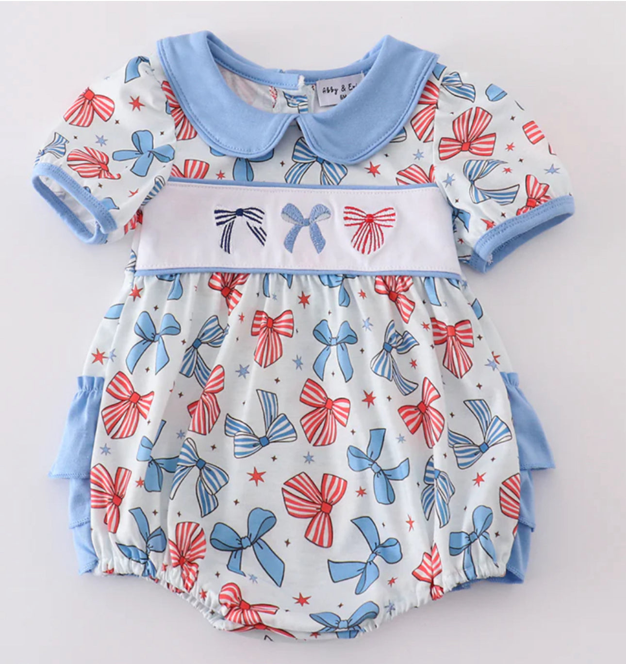 Bow trellis print embroidery ruffle bubble