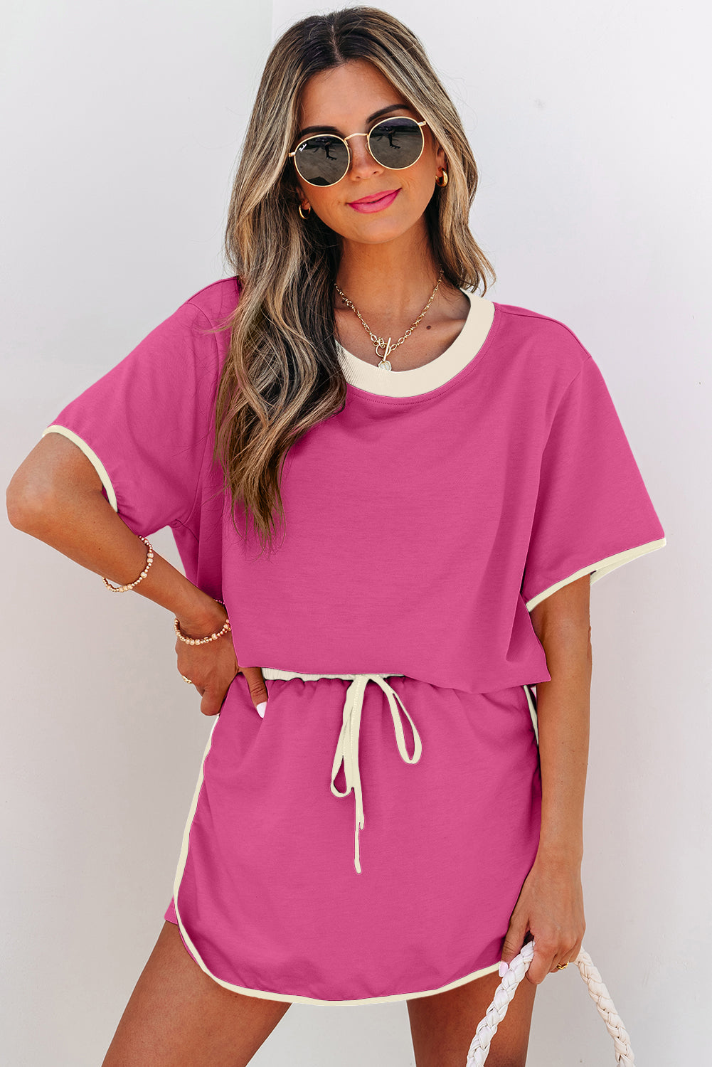 Evergreen Colorblock Edge Drop Shoulder T Shirt and Skort 2Pcs Set