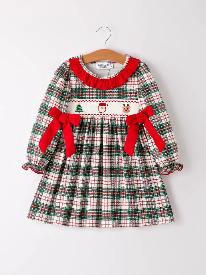 Christmas Embroidery Smocking Bow Plaid Girls Dress