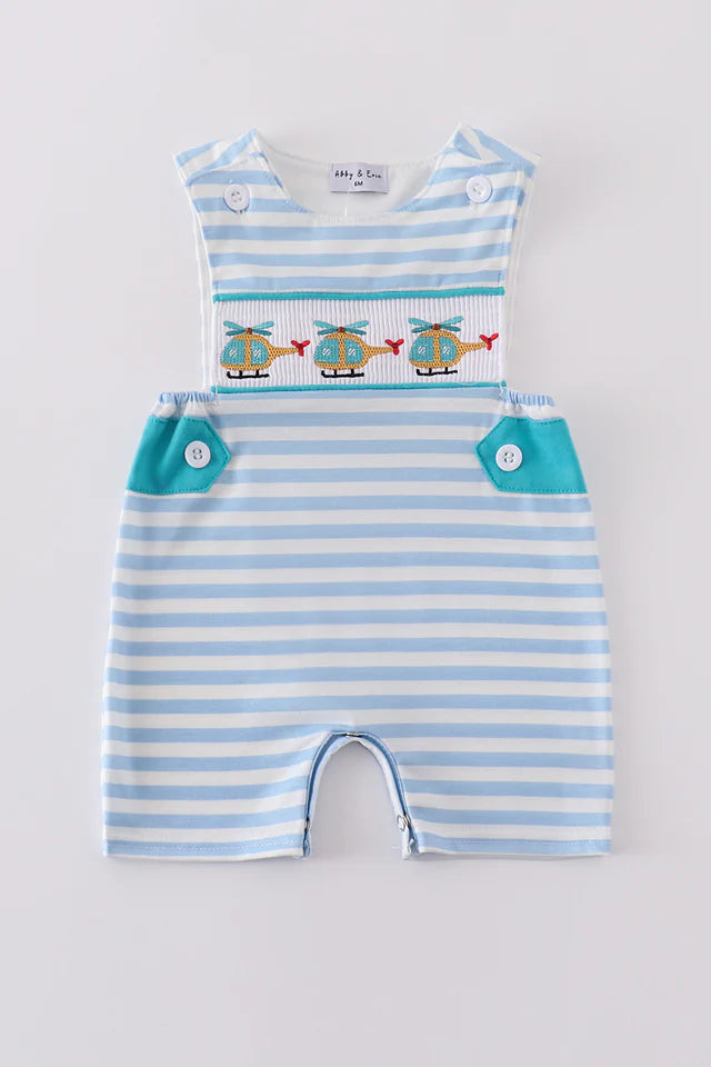 Blue Stripe Helicopter Embroidery Smocked Boy Jon Jon