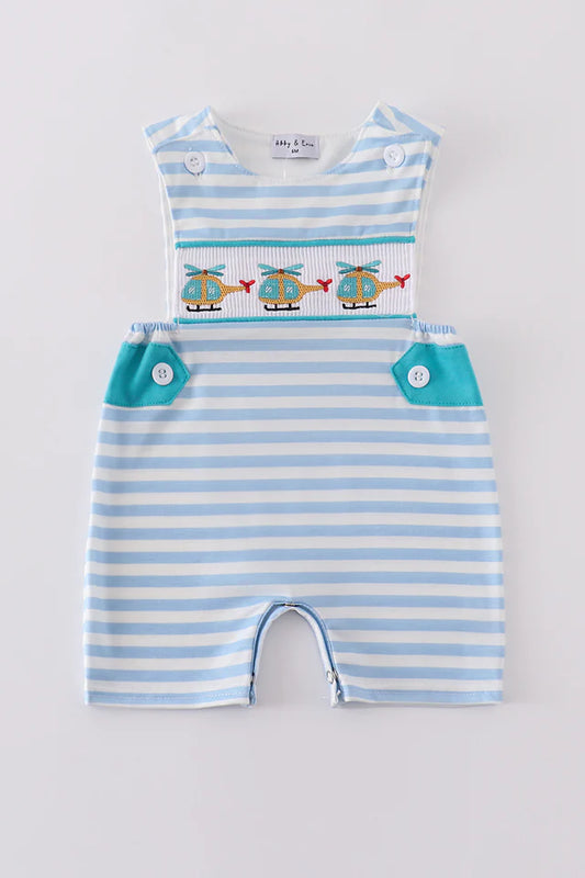 Blue Stripe Helicopter Embroidery Smocked Boy Jon Jon