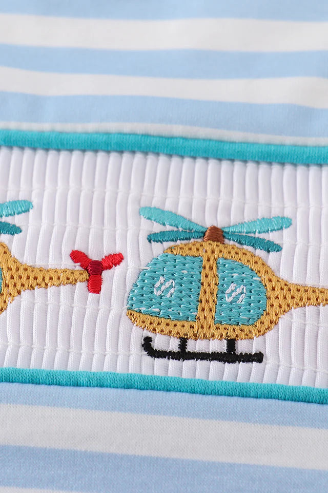 Blue Stripe Helicopter Embroidery Smocked Boy Jon Jon