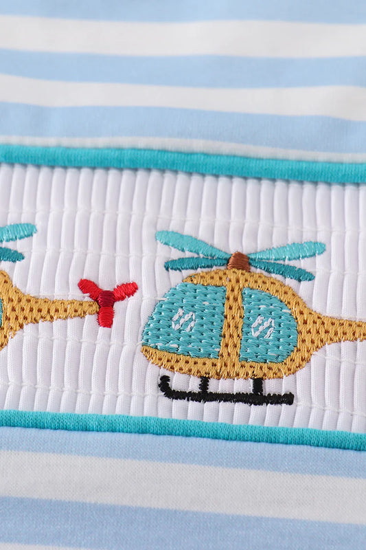 Blue Stripe Helicopter Embroidery Smocked Boy Jon Jon