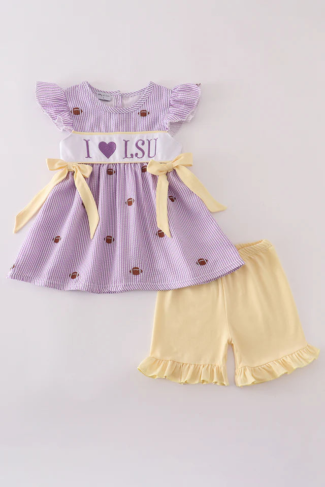 Purple Stripe Seersucker I Love LSU Set
