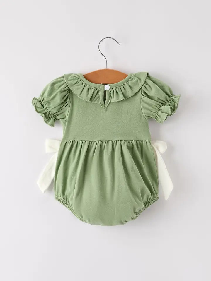 Fall Thanksgiving Chicken Smock Embroidered Green Baby Girl Romper